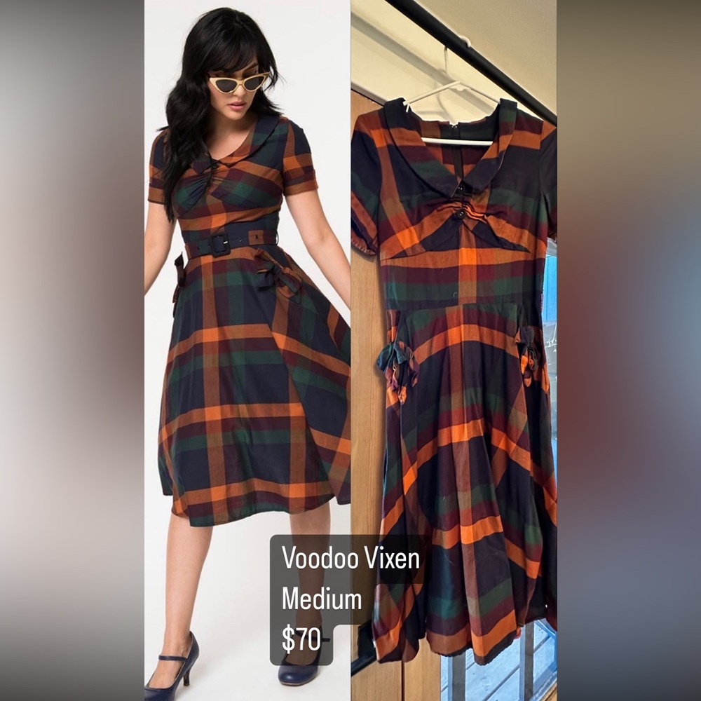 Voodoo Vixen Plaid Midi Dress - Black, Orange, Green